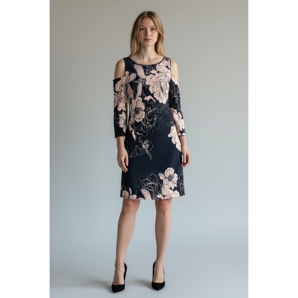 Eliza J Navy Blue/Pink Floral Print Cold Shoulder Sheath Dress Size 8 NWT